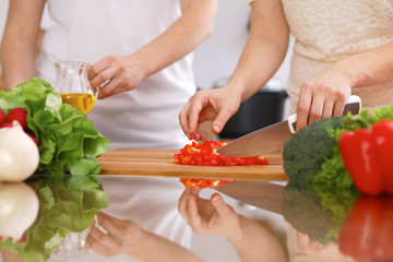 Closeup of human hands cooking in kitchen. Mother and daughter or two female friends cutting vegetables for fresh salad. Healthy meal, vegetarian food and lifestyle concepts
