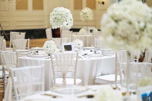 White Roses Flower Bouquet On The Long Vase Decoration On Luxury