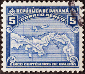 Rough map of Panama on vintage postage stamp