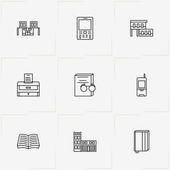 Workspace line icon set with mobile phone, printer and building