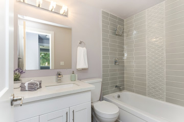 Well designed bathroom with mosaic tiled wall.