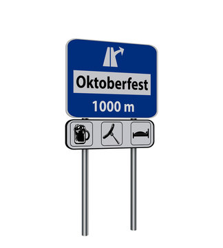 Autobahnschild mit dem Symbol Ausfahrt und dem Text Oktoberfest und den Symbolen Bier, Bratwurst und Bett.  3d render