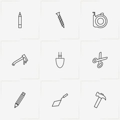 Tools line icon set with pencil, measure  and hatchet