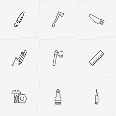 Tools line icon set with pencil, bolt and nut  and awl