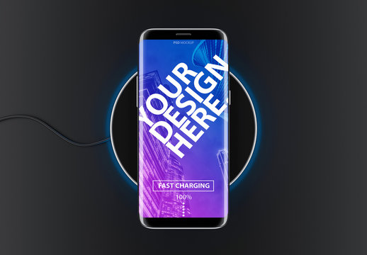 Smartphone on Wireless Charging Device Metal Bottle Mockup