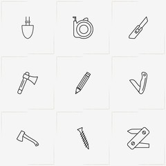Tools line icon set with pocket knife, hatchet and cutter