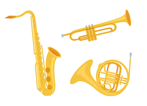 Wind golden musical instruments vector set. Saxophone, trumpet, french horn isolated on white background. Cute flat cartoon style. Vector illustration