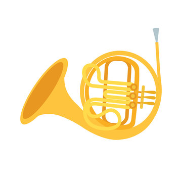 Golden french horn on white background. Classical wind musical instrument. Cute flat cartoon style. French horn icon. Vector illustration