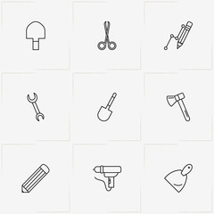 Tools line icon set with drill , shovel and scissor