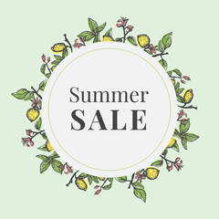 Summer sale bunner with floral wreath with lemons