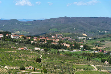 Fototapeta na wymiar Panoramic beautiful view of residential areas Radda in Chianti province of Siena, Tuscany, Italy.