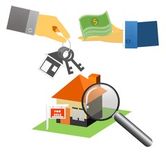 Obraz premium Real estate agent with house model and keys. Hand giving house keys isometric design. Vector illustration flat style. Real estate agent handing holding in palm home and key. Template for sale, 