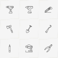 Tools line icon set with shovel, hook and drill