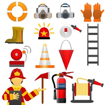 Firefighter illustration firefighting equipment fire hose hydrant and fire extinguisher illustration set of fireman uniform with helmet isolated on white background