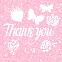 Obraz na płótnie Canvas Thank you card. Vector inscription lettering calligraphy white isolated on pink curls texture background.