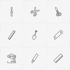 Tools line icon set with pencil, cutter and screwdriver