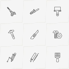 Tools line icon set with scissor, cutter and pencil