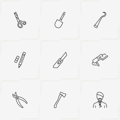 Tools line icon set with shovel, pencil and scissors