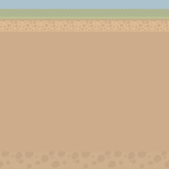 Brown illustration of a cut of light soil under the ground with stones, grass, a strip of blue sky vector illustration with an area for text in the middle.