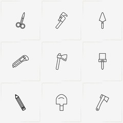 Tools line icon set with scissors , pencil and wrench