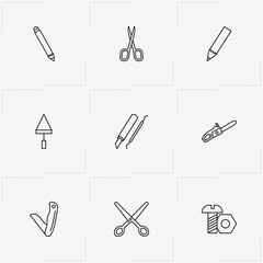 Tools line icon set with scissor, cutter and pencil
