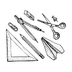 Hand drawn stationery set. Vector doodle illustration. Set of school accessories and supplies. Tools composition. Pencil, ruler, compasses, scissors, paper plane. Back to school design elements.