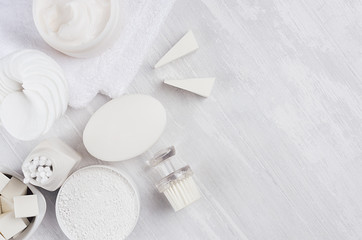 Different white spa products set for body and skin care as elegance pure white cosmetic background, copy space.