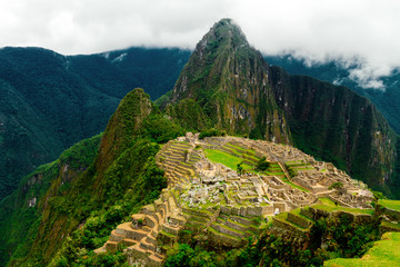 General view of the citadel of Machu Picchu with Huayna Picchu mountain