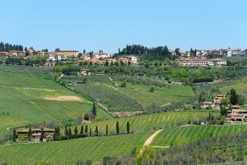 Panoramic beautiful view of residential areas Radda in Chianti province of Siena, Tuscany, Italy.