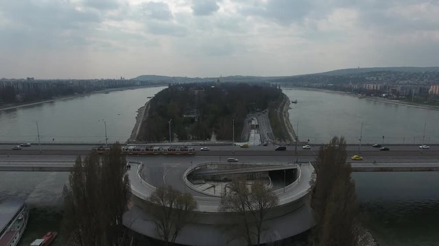 Drone ascending over Margharet Island, Budapest, Hungary