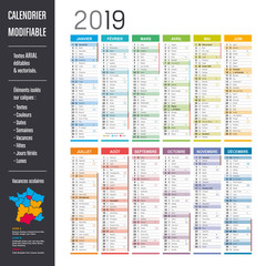Fototapeta premium Calendrier 2019 modifiable (éléments isolés sur calques, textes en ARIAL éditables et vectorisés)