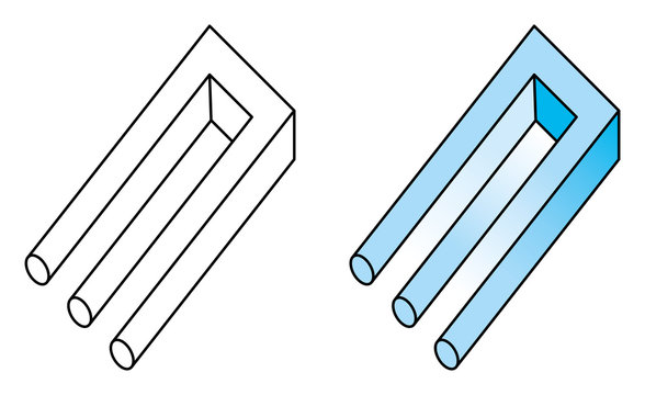 Blivet, impossible trident, a kind of optical illusion. Impossible object and undecipherable figure. Also known as impossible fork, poiuyt and devils tuning fork. Illustration over white. Vector.