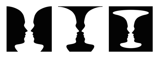 Three times figure-ground perception, face and vase. Figure-ground organization. Perceptual grouping. In Gestalt Psychology known as identifying figure from background. Illustration over white. Vector