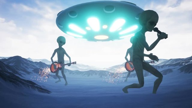 Aliens sing and play guitars on their home snow planet on the background of the ufo. Realistic motion background. 4K.