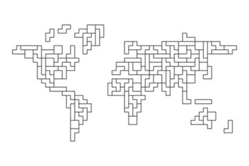 Fototapeta na wymiar World map mosaic of black outlined tetris blocks. Flat vector illustration.