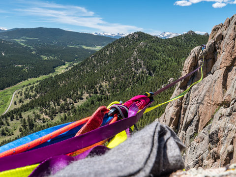Highline over rocks in mountains