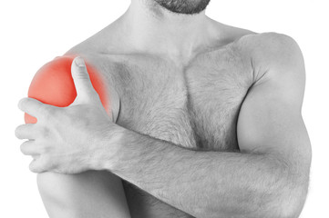 Man with shoulder pain over white background