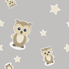 Seamless pattern, beautiful little owl and stras beige of colors