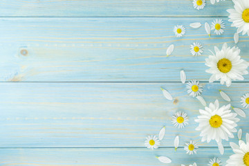 White daisies and garden flowers on a light blue worn wooden table. The flowers are arranged side, empty space left on the other side. © liptakrobi