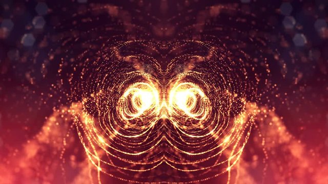 4k seamless 3d animation as sci-fi background with glow particles and depth of field, bokeh and light effects. Glowing floating particles form curves, surfaces, grid or virtual space. Golden lines v2