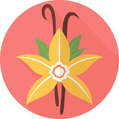 Vanilla flower with sticks, flat icon. Spices blossom. Yellow petals of blooming vanilla flower with pods. Ingredient for baking. Colorful vector illustration