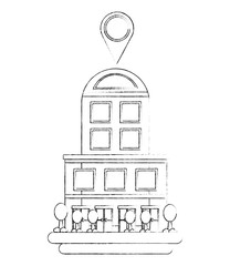 building structure with pin location and trees plants