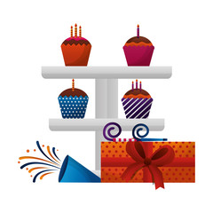 set sweet cupcakes with gift box present and party whistle icon