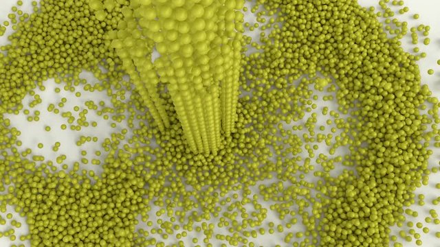 Animated top view of falling great amount of plain yellow golf balls on white base or background bouncing of it and spreading then tumbling  or rolling toward the center.