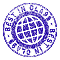 BEST IN CLASS stamp imprint with grunge texture. Blue vector rubber seal imprint of BEST IN CLASS caption with unclean texture. Seal has words placed by circle and planet symbol.