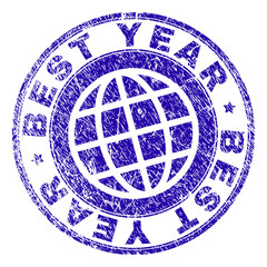 BEST YEAR stamp imprint with grunge texture. Blue vector rubber seal imprint of BEST YEAR text with unclean texture. Seal has words placed by circle and planet symbol.