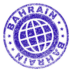 BAHRAIN stamp print with grunge texture. Blue vector rubber seal print of BAHRAIN label with retro texture. Seal has words placed by circle and globe symbol.