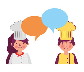 woman and man chef talking speech bubble