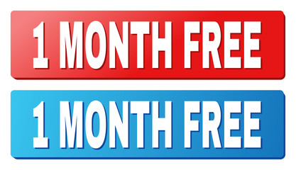 1 MONTH FREE text on rounded rectangle buttons. Designed with white caption with shadow and blue and red button colors.