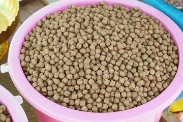 Close up animal food in pink plastic bowl